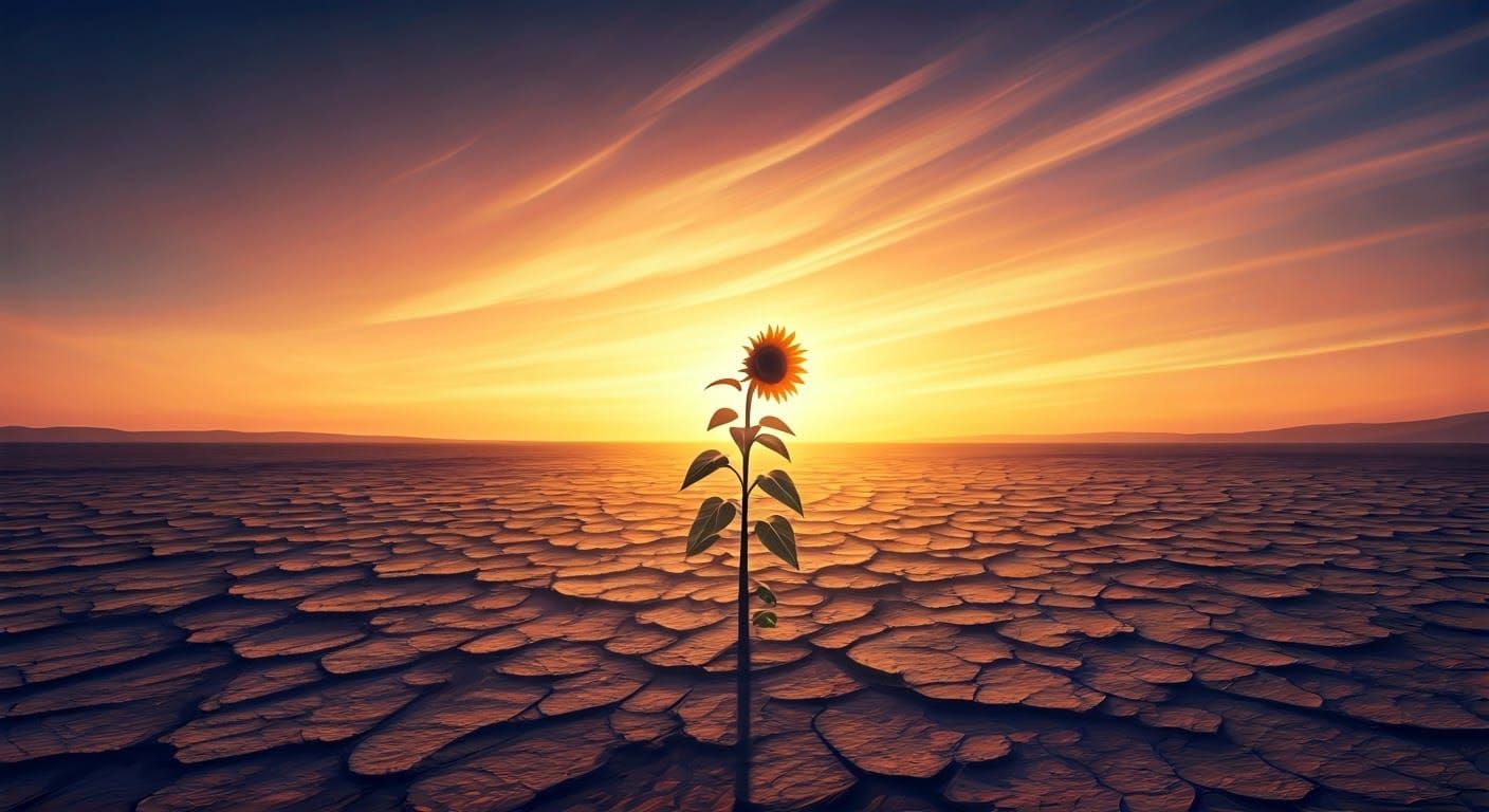 Lone Sunflower in Windswept Wasteland: Impressionistic Water...
