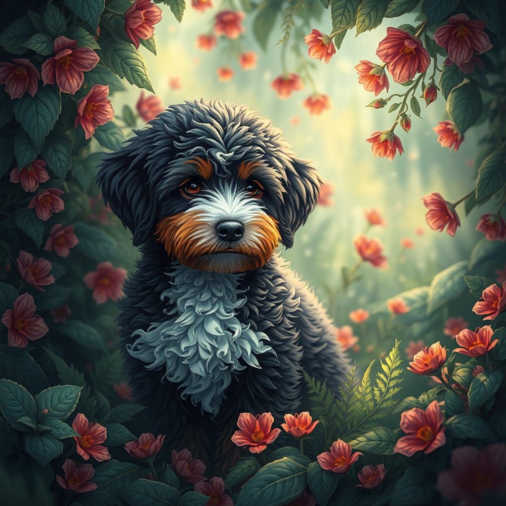 Whimsical Bernedoodle in Enchanted Fantasy Realm