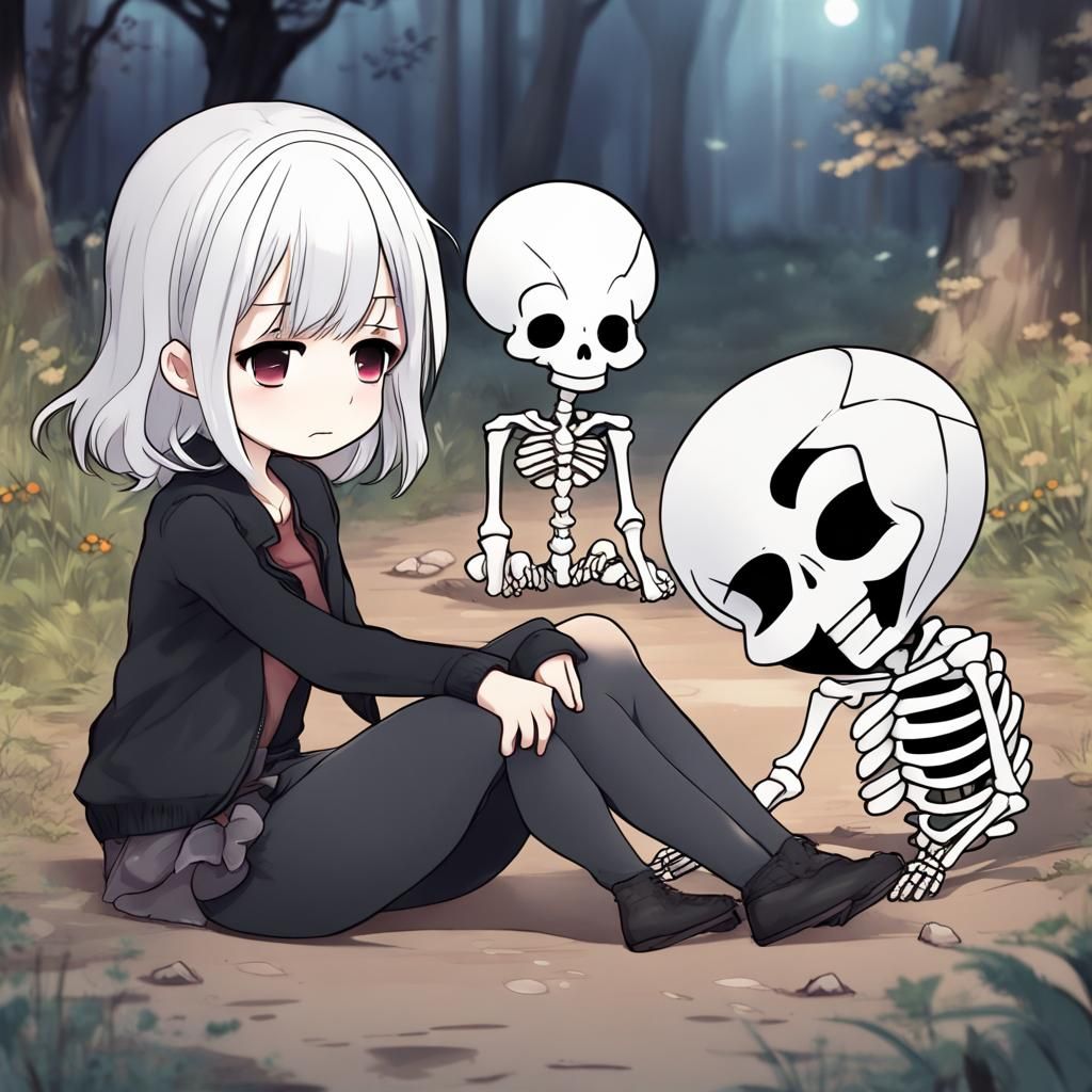 Chibi Girl with Skeleton Friend in Anime Style
