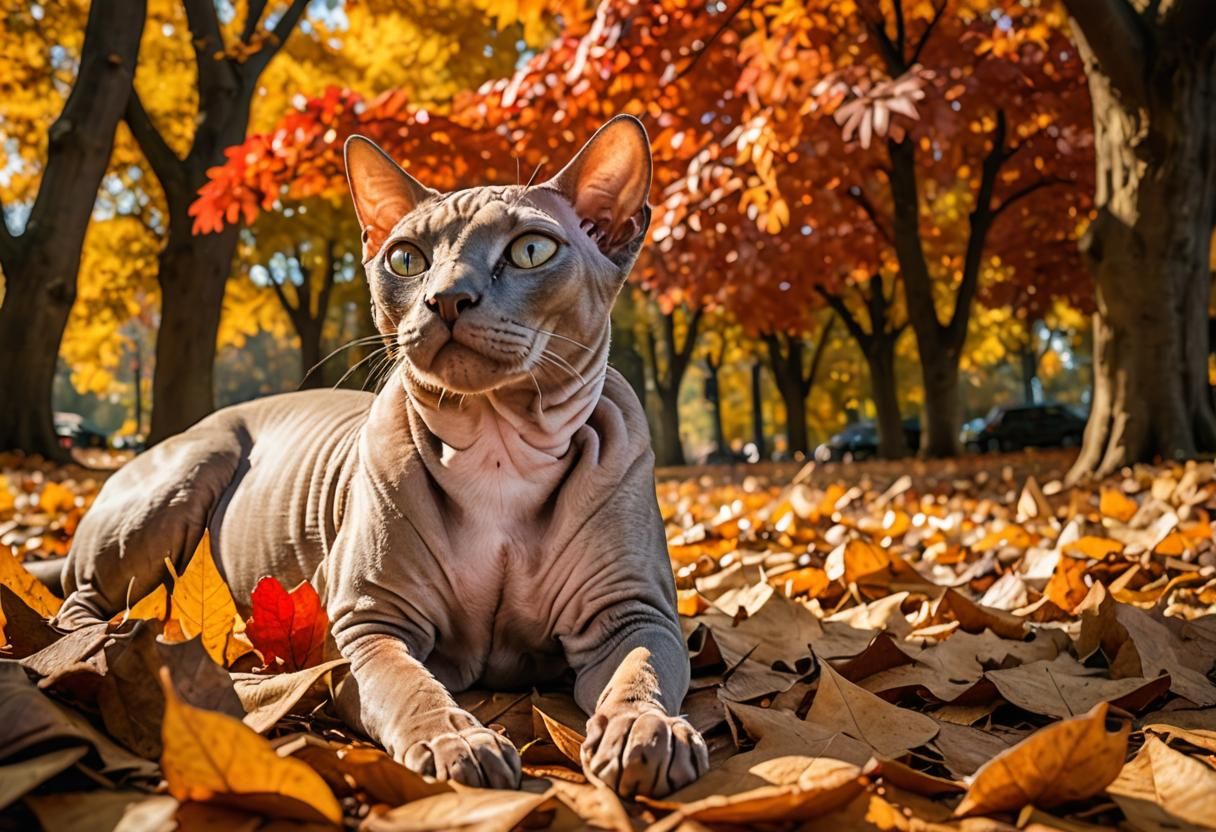 Egyptian Cat in Autumn Leaves: Golden Hour Photography