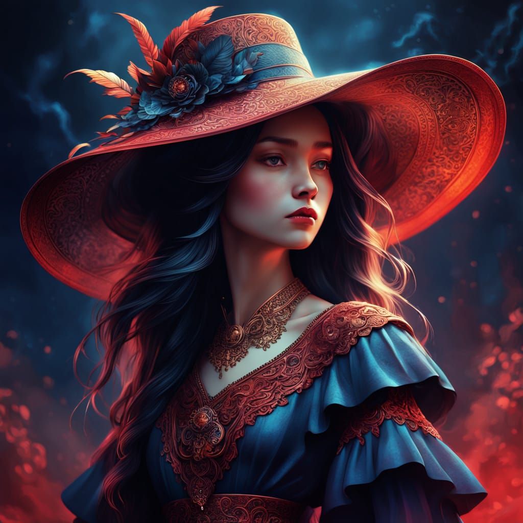 Ethereal Woman in Ornate Hat: Fantasy Portrait