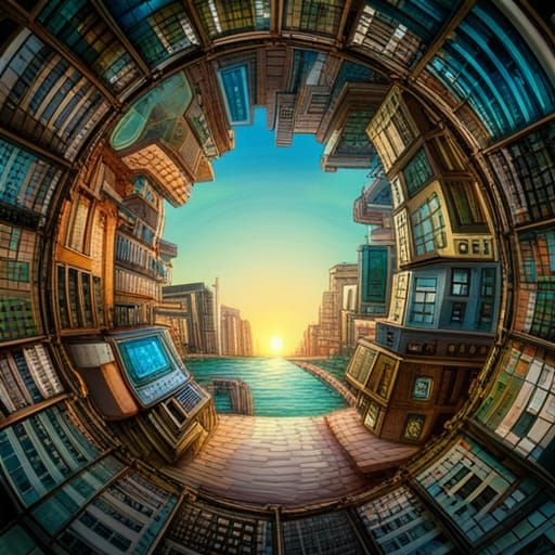 Tropical Island in Crystal Ball, Cyberpunk Style