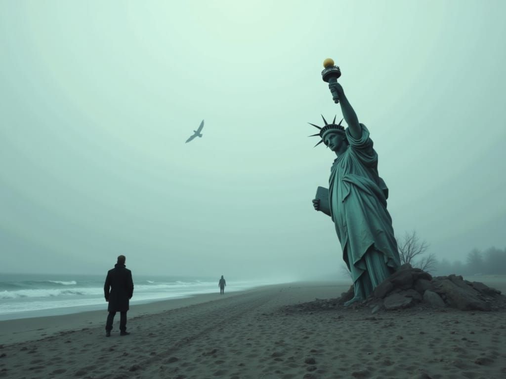Dystopian Statue of Liberty Sinks into Ocean, Head in Sand