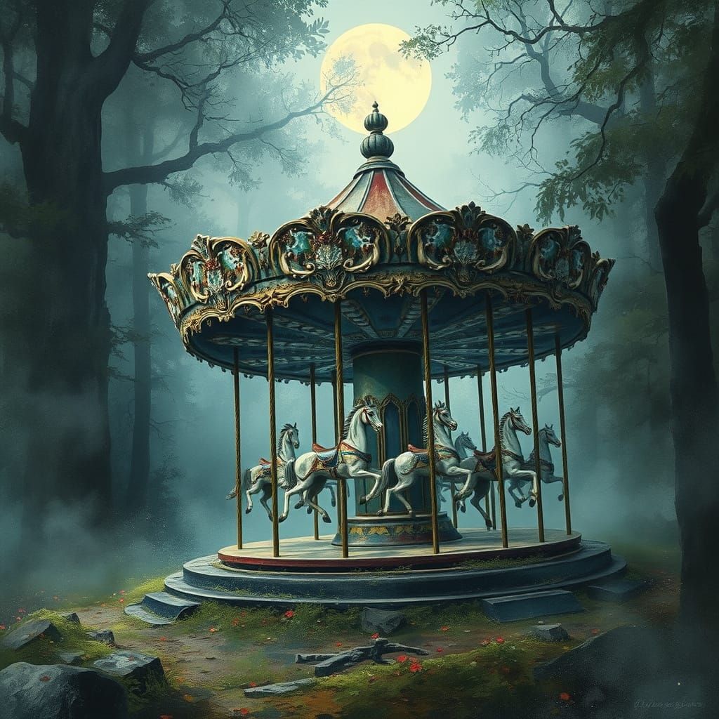 Abandoned Vintage Carousel in Moonlit Misty Forest