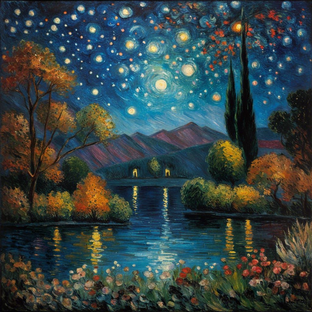 Glittering Starry Night Landscape in Impressionist Style