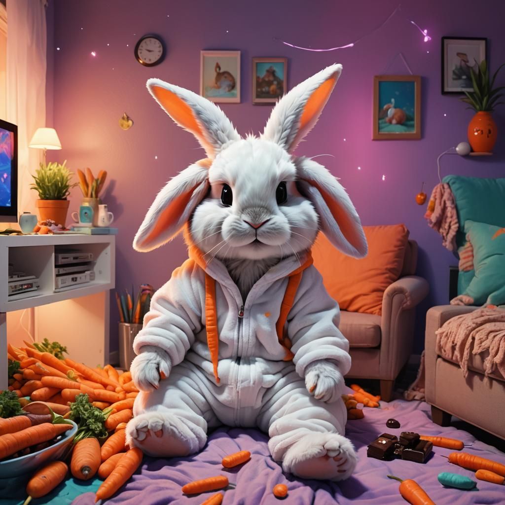 Whimsical Baby Bunny Enjoying Chocolate Carrots
