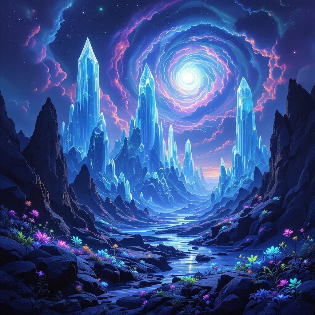Ethereal Crystal Landscape Under Cosmic Sky