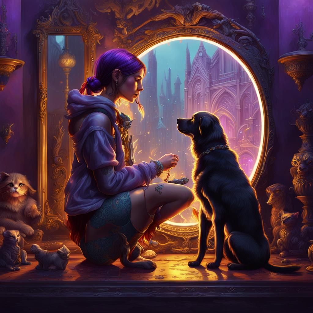 Dark Fantasy Art: Girl, Dog, Cat, and Mirror