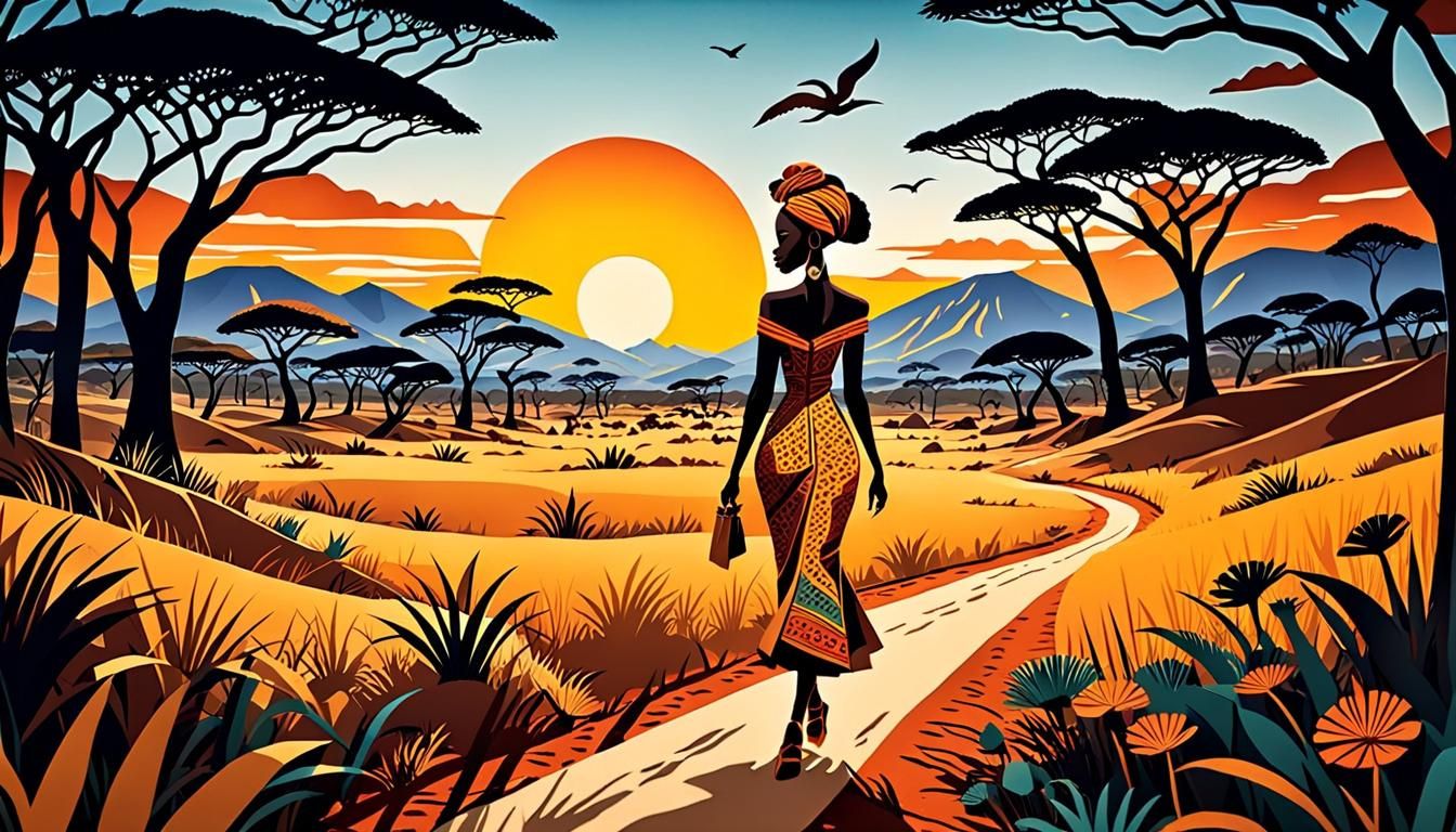 Elegant Woman in African Savannah Paper-Cut Animation