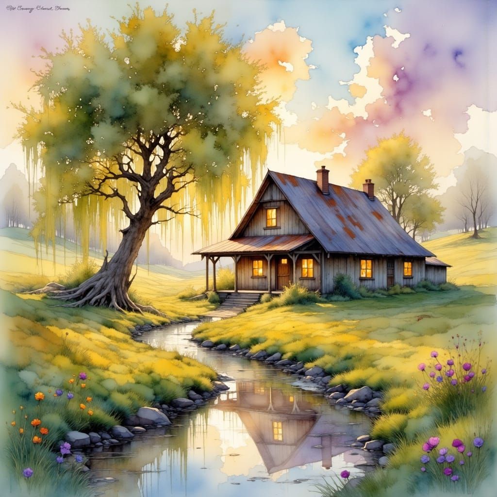 Watercolor Cabin Scene at Sunset
