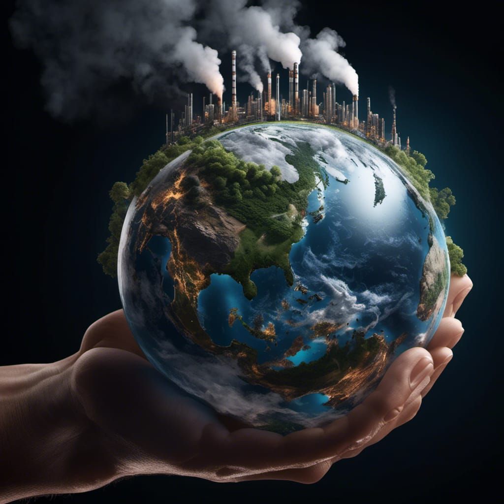 Hand Holding Earth Globe with Chimneys: Hyperrealism