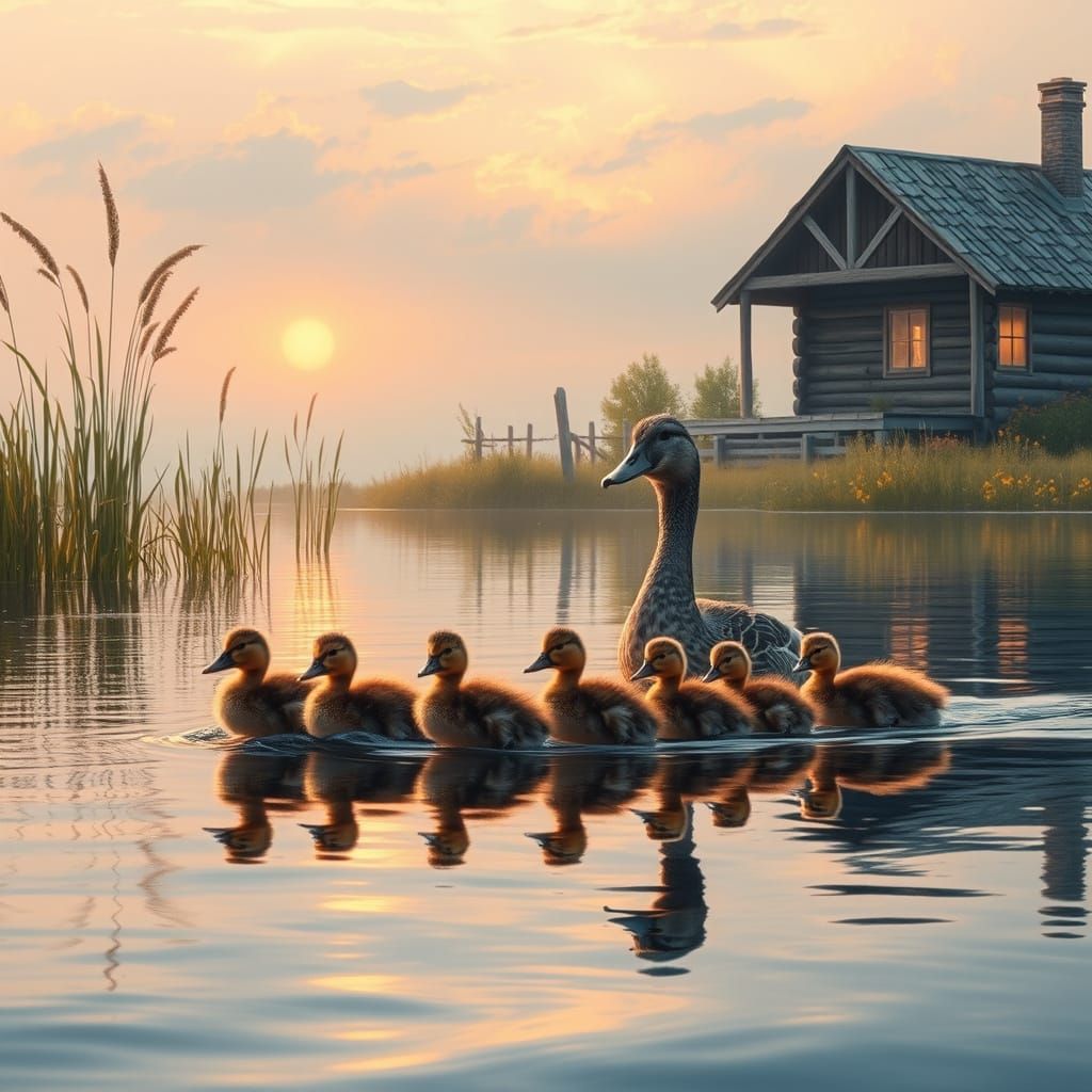 Mother Duck Leads Adorable Ducklings Across Serene Lake in G...