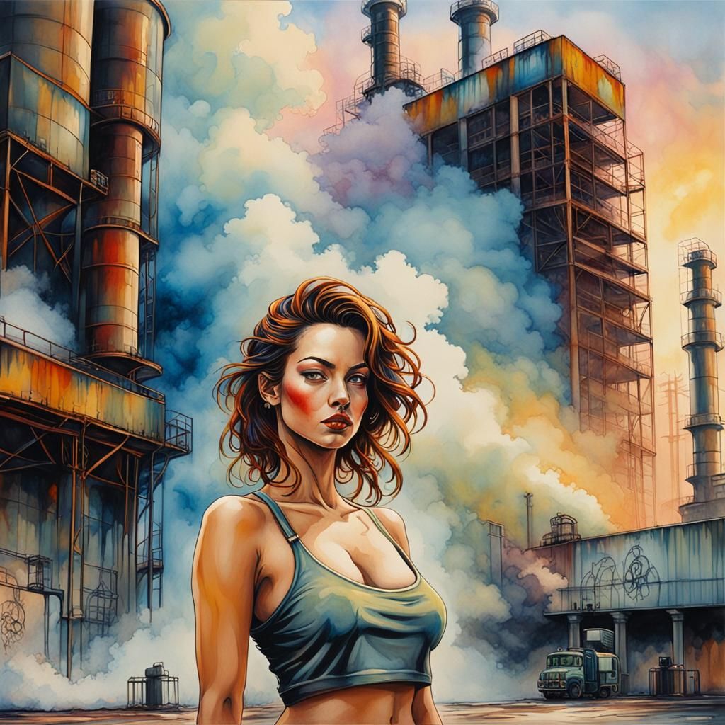 Woman in Industrial Landscape, Comic Book Style