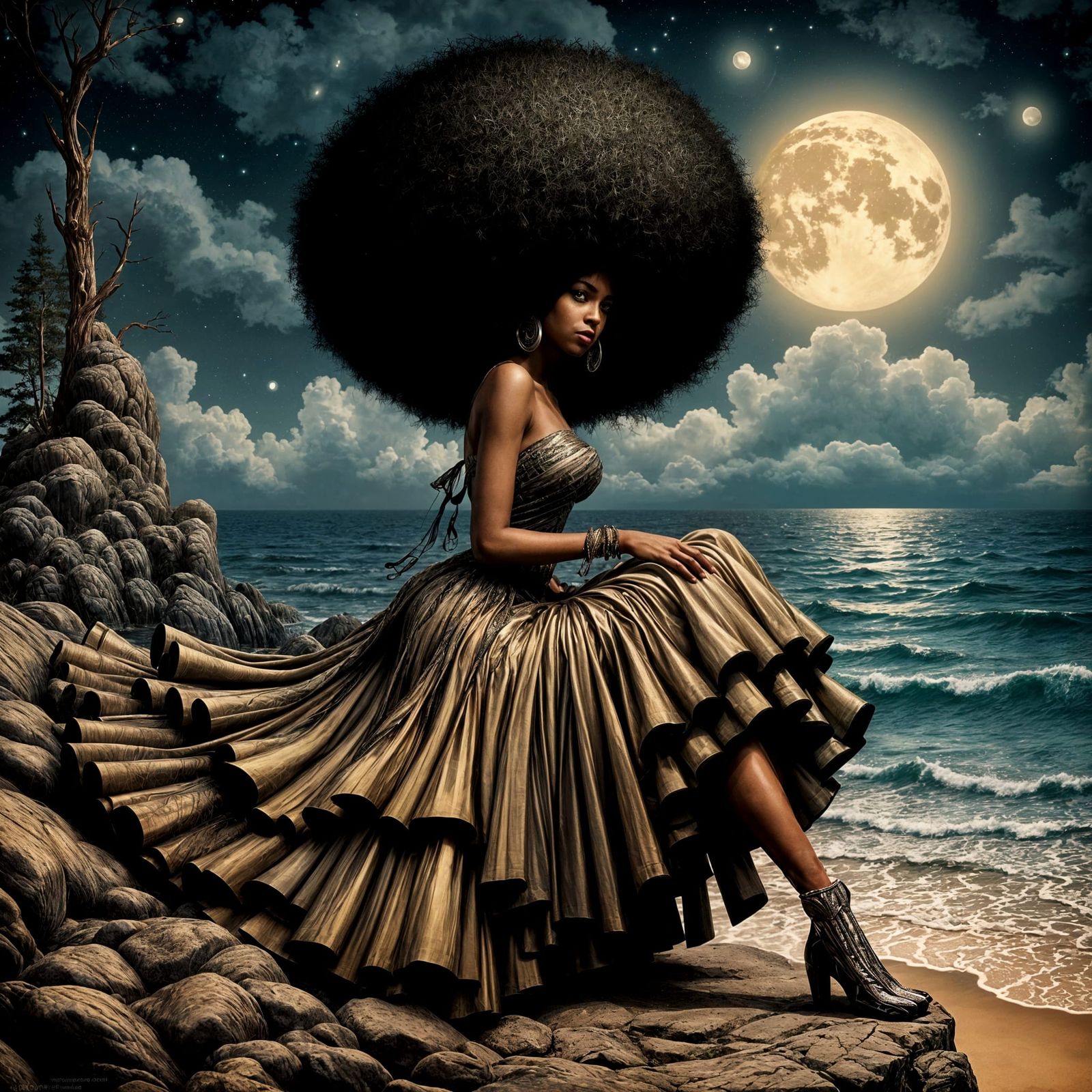 Ebony Woman in Silver Dress, Art Nouveau Style