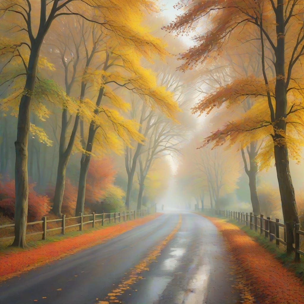 Autumn Impressionist Scene with Winding Road and Peaceful Pa...