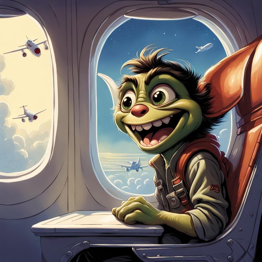 Teenager's Flight Interrupted by Gremlin: Comic Book Art