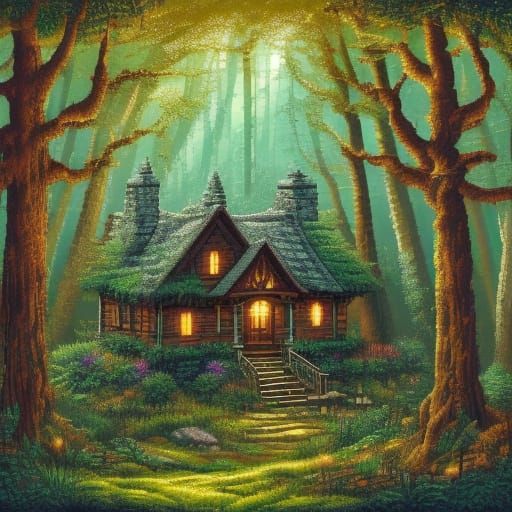 Enchanted Forest House Sanctuary in Vibrant Oil Painting Sty...