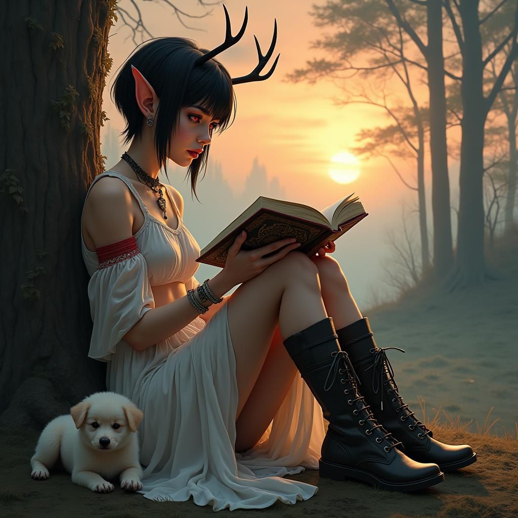 Elf Reading Book at Twilight in Fantasy Art Style