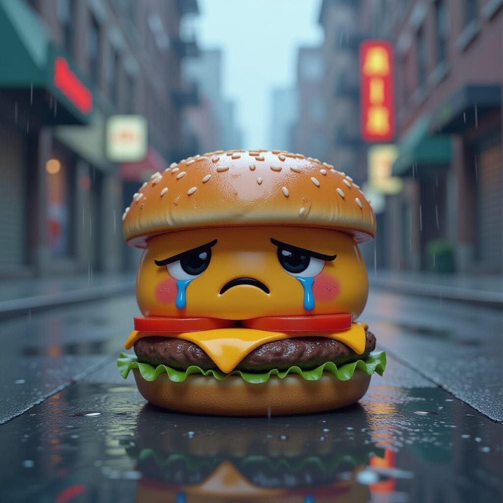 Sad Anthropomorphic Burger Cries in Bronx Rain