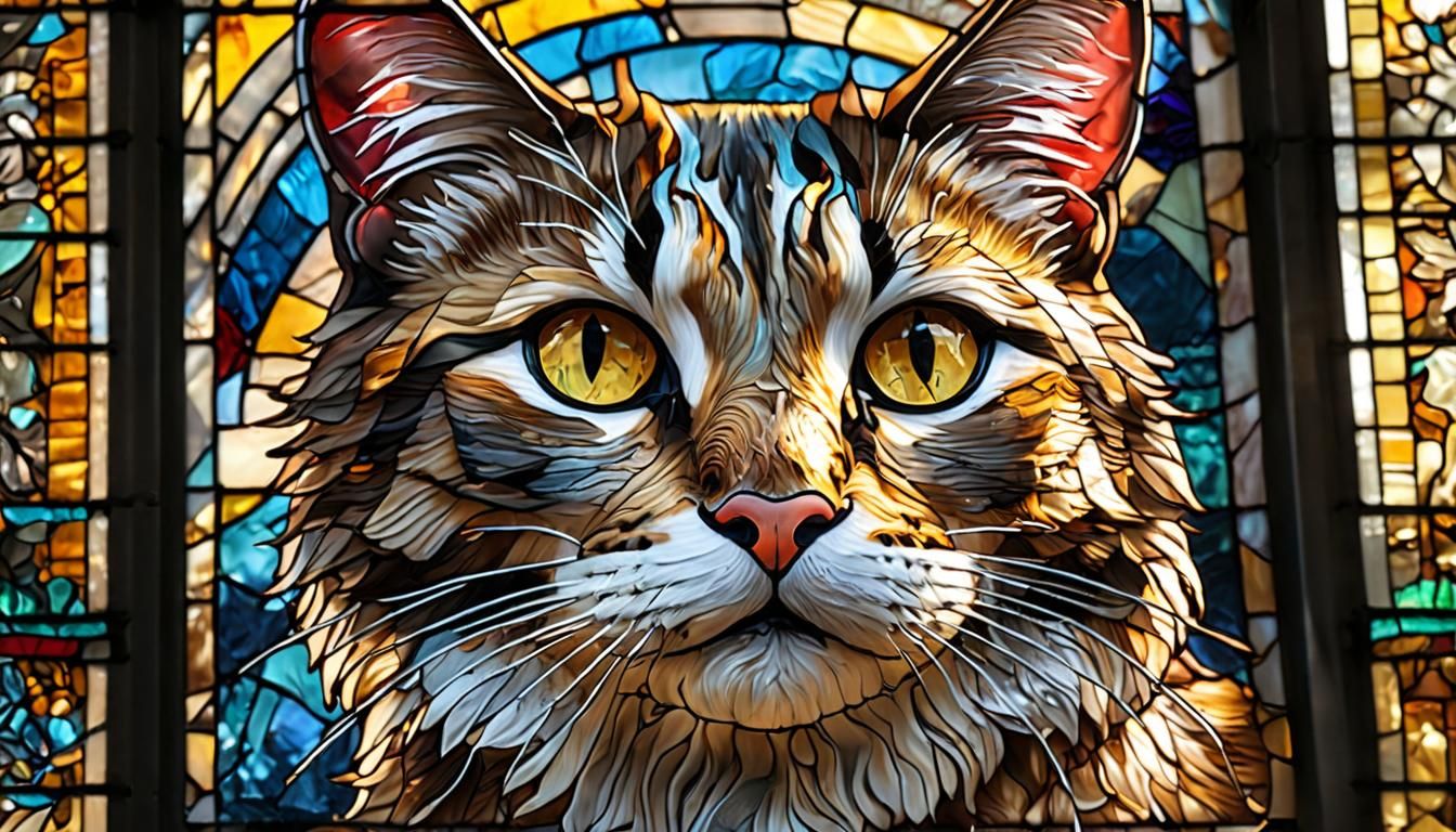 Hyperrealistic Stained Glass Cat with Colorful Lighting