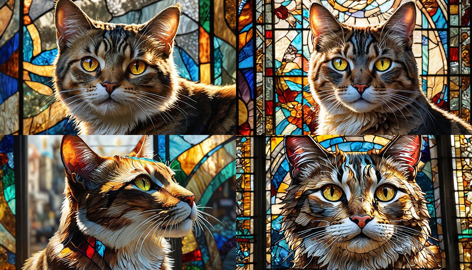 Hyperrealistic Stained Glass Cat with Colorful Light