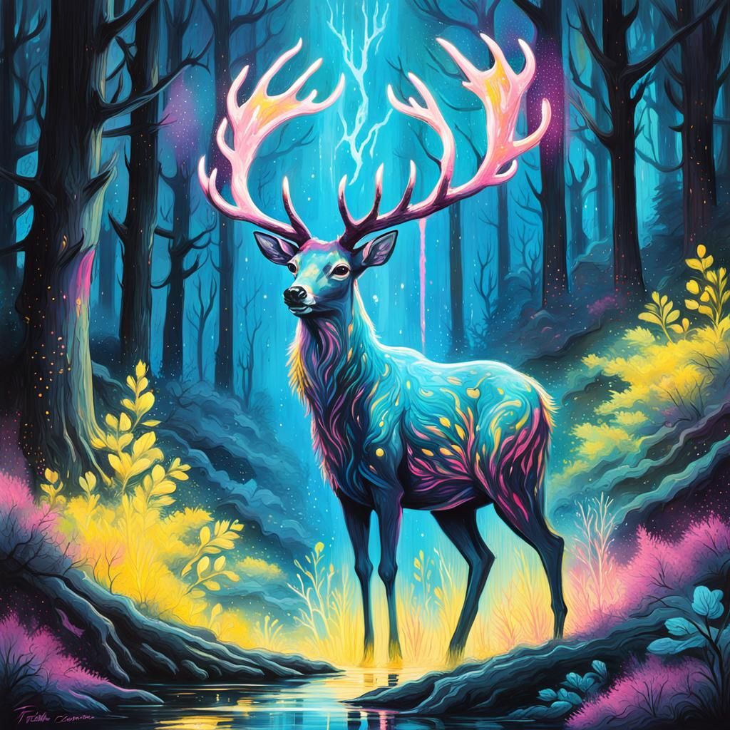 Bioluminescent Deer in Luminous, Colorful Street Art