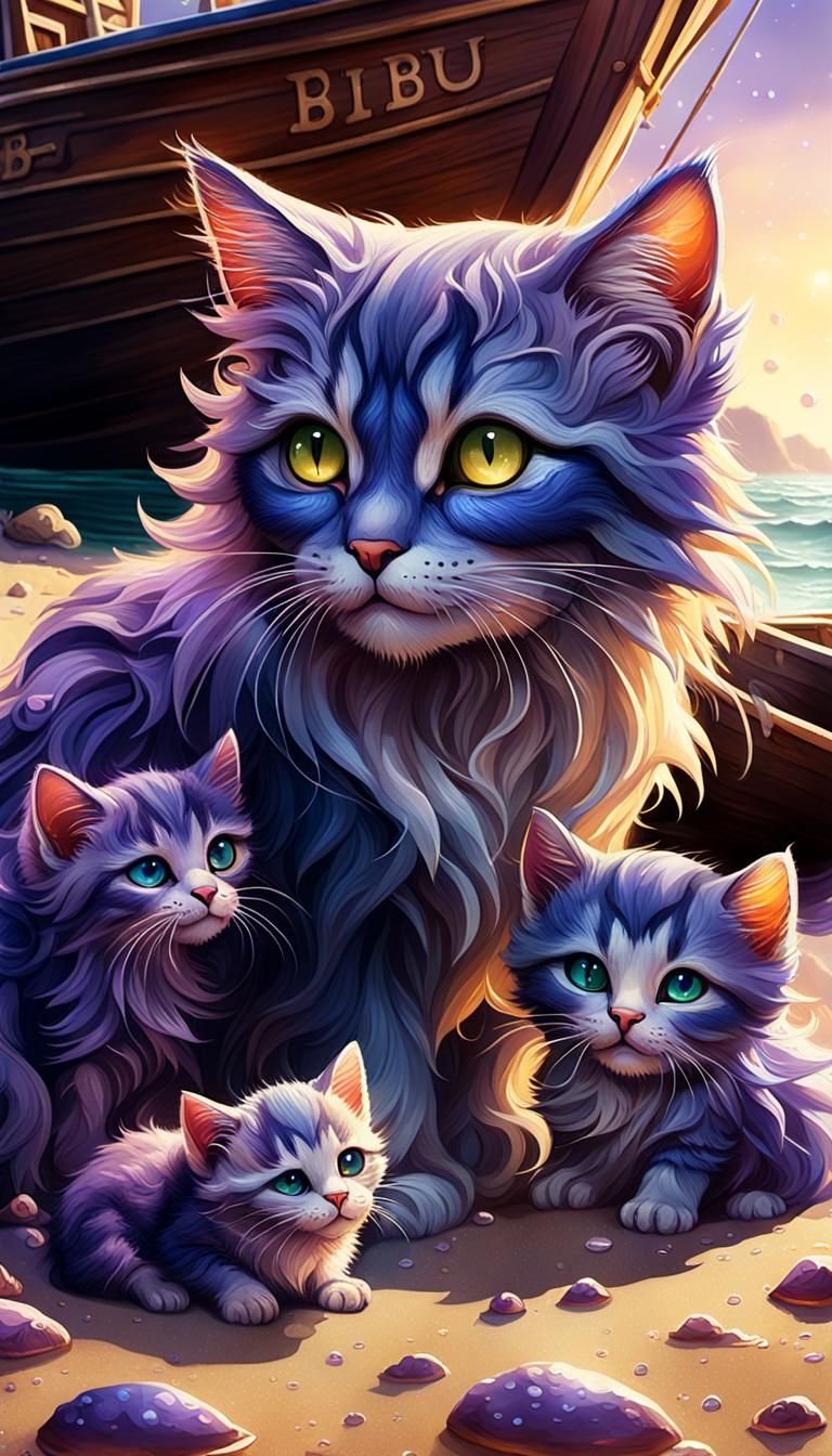 Fantasy Art: Mother Cat Feeding Kittens on Beach