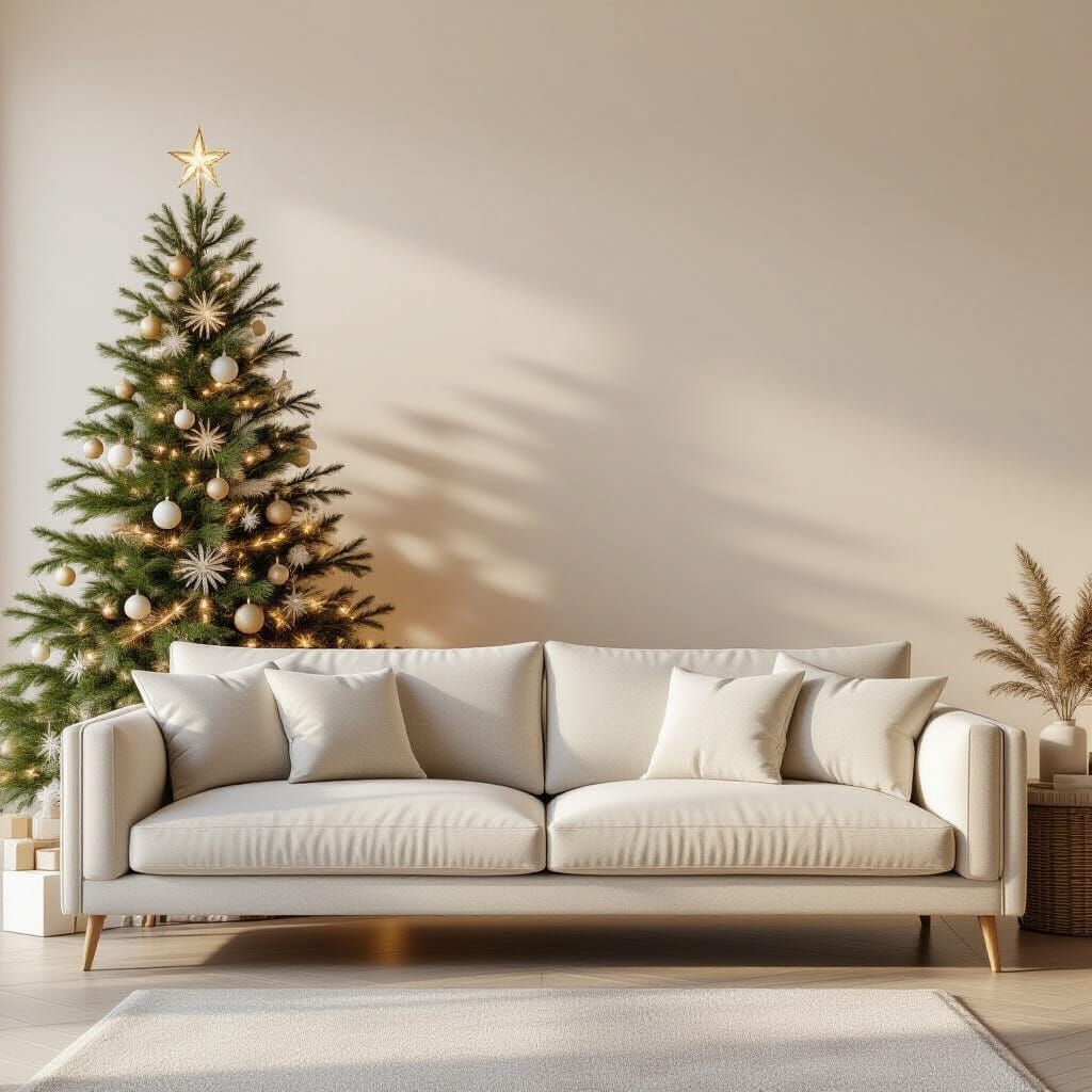 Cozy Living Room with Beige Couch and Decorated Christmas Tr...