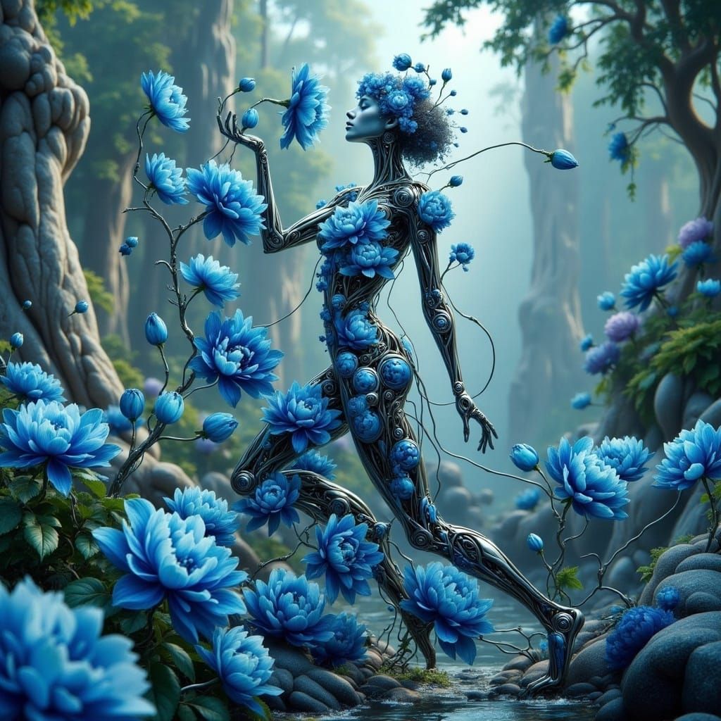 Biomechanical Woman in a Garden