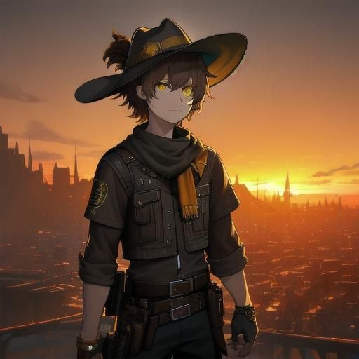 Boy Sheriff Close-Up in Anime Style Sunset