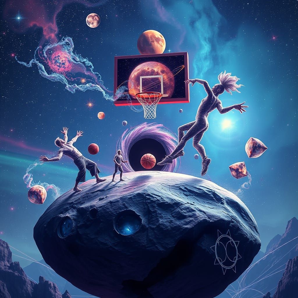 Cosmic Basketball Game on Asteroid in Space