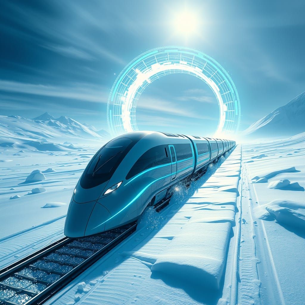 Sleek Silver Train Speeds Through Icy Tundra Landscape