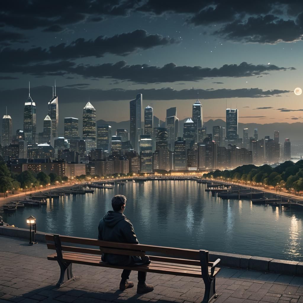 Night City Waterfront View: Cinematic Digital Painting