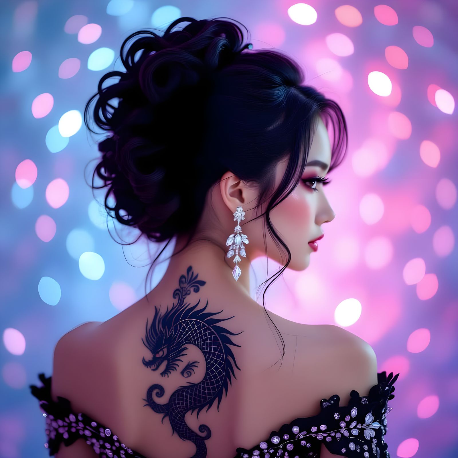Asian Woman in Crystal Dress with Dragon Tattoo