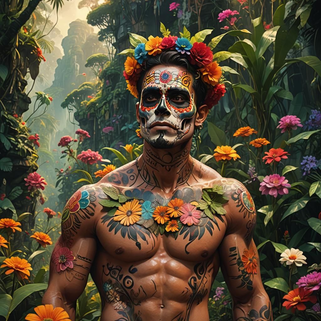 Muscular Man with Día de los Muertos Face Paint