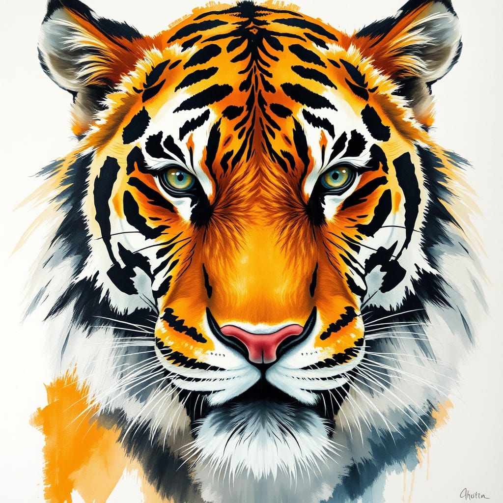 Tiger Face in Gouache Watercolor Style