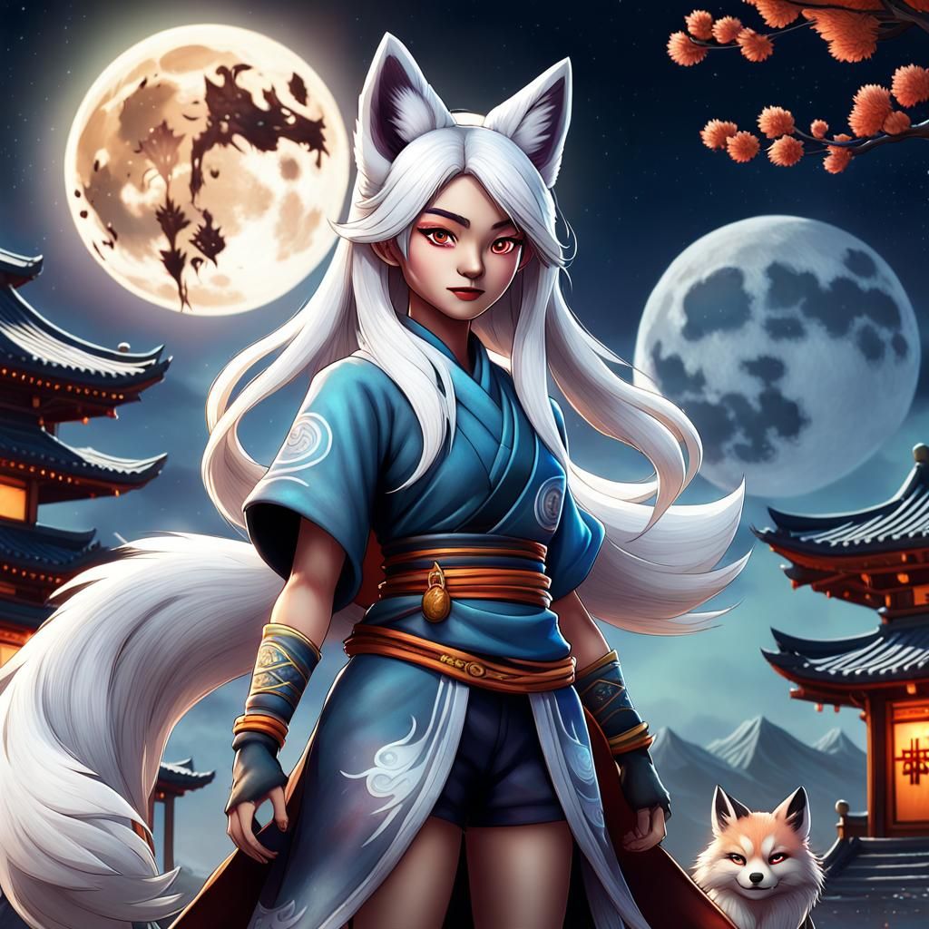 Kitsune Woman in Front of Full Moon, Hyperrealistic Art