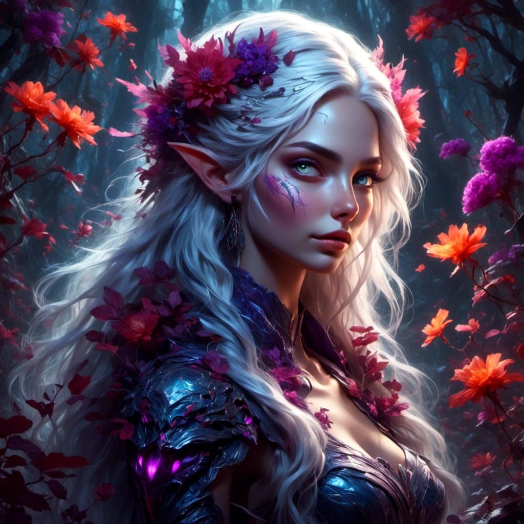 Onyx Elf with Bioluminescent Flowers in Dark Fantasy