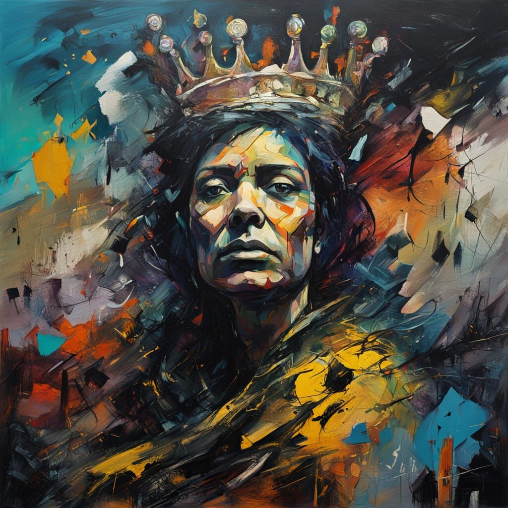 Emotive Abstract Queen Hugs Rubbish in Surreal Landscape