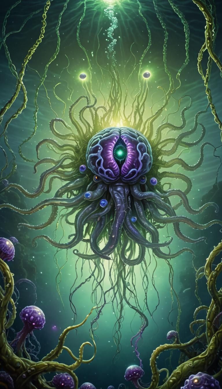 Oceanic Brain Entity in a Surreal Fantasy Scene