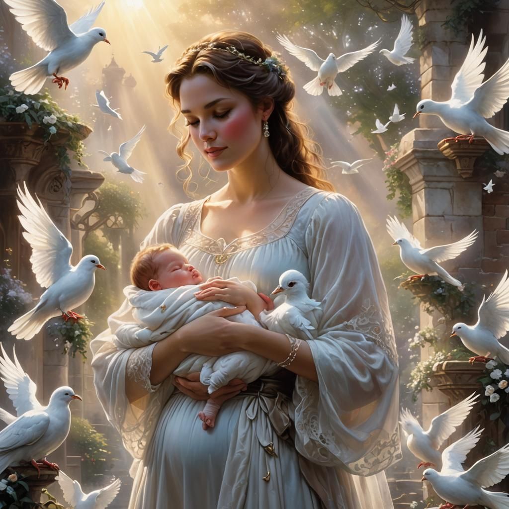 Mother and Child Surrounded by Doves in Sunlight