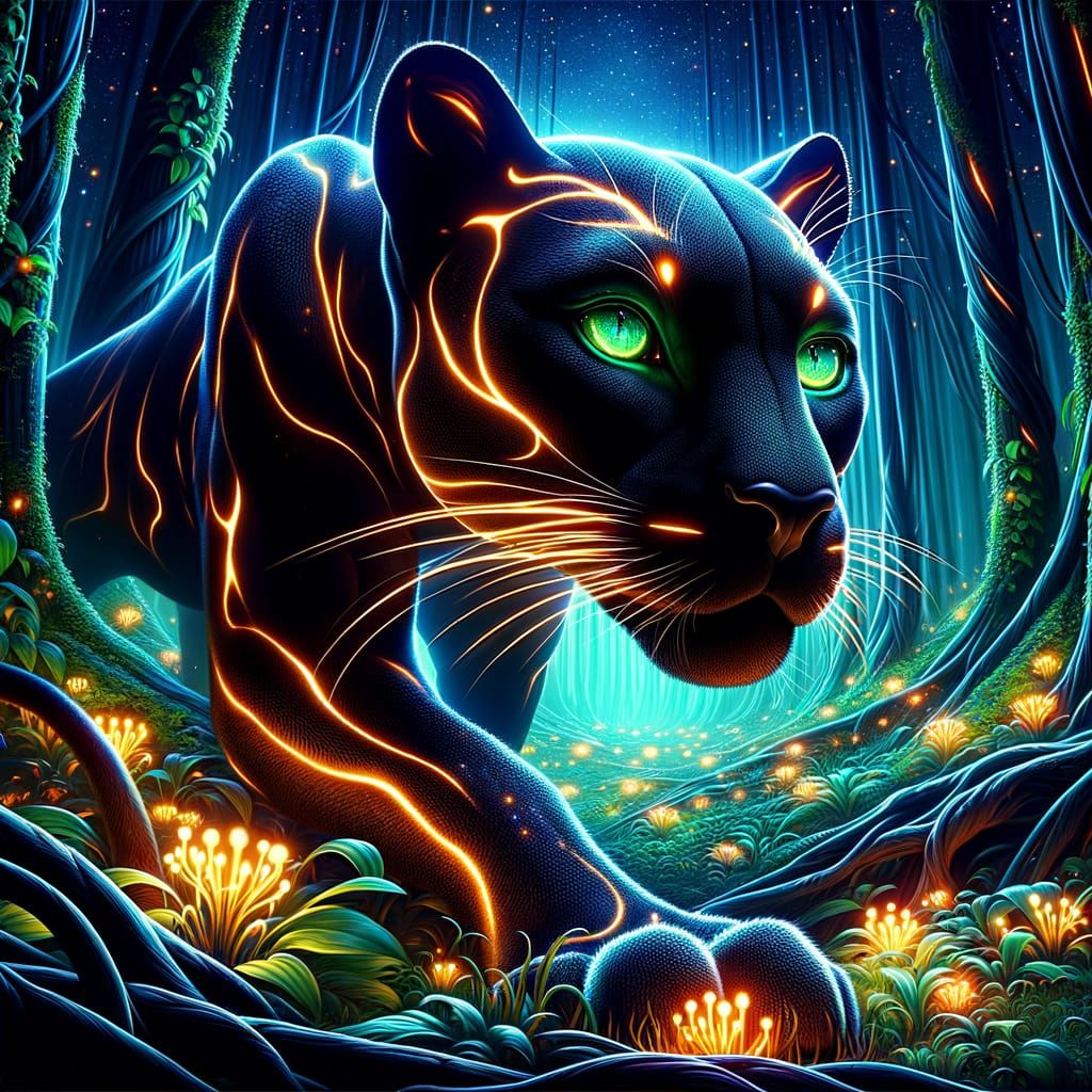 Bioluminescent Panther in Alien Jungle