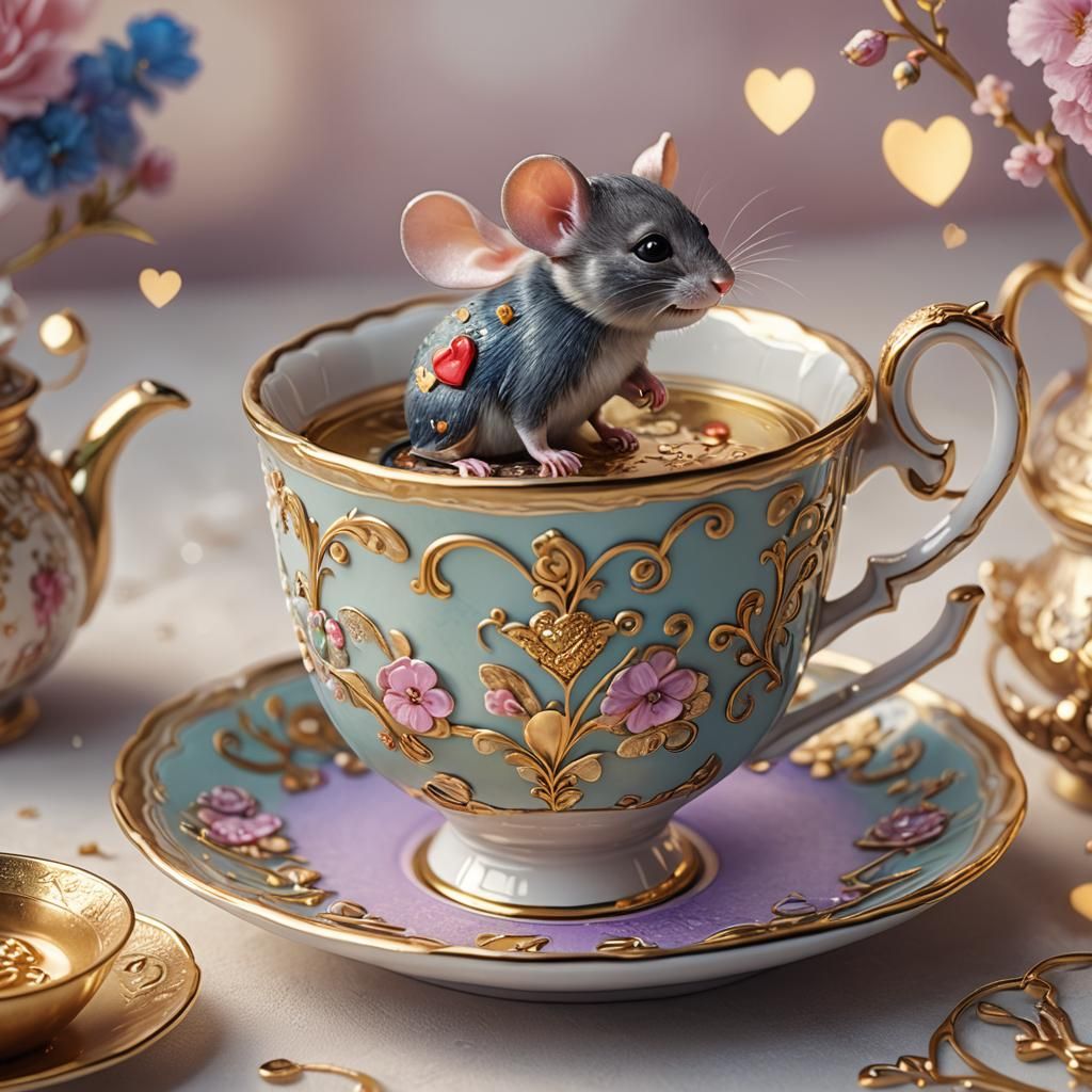 Mouse Peeks Out of Teacup: Whimsical Fantasy Art