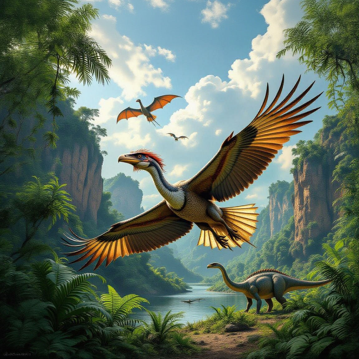 Archaeopteryx Flies Through a Jurassic Jungle Landscape