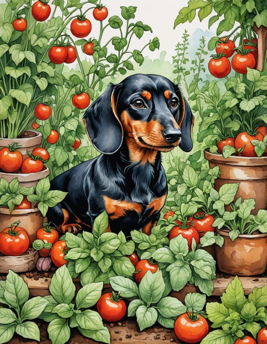 Whimsical Dachshund in a Storybook Garden