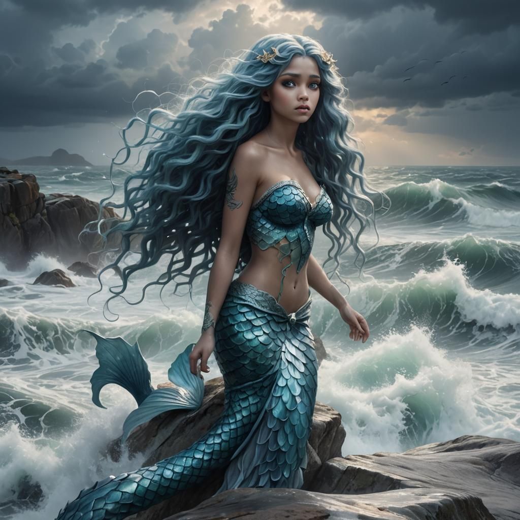 Mermaid on Stormy Sea in Ethereal Fantasy Art