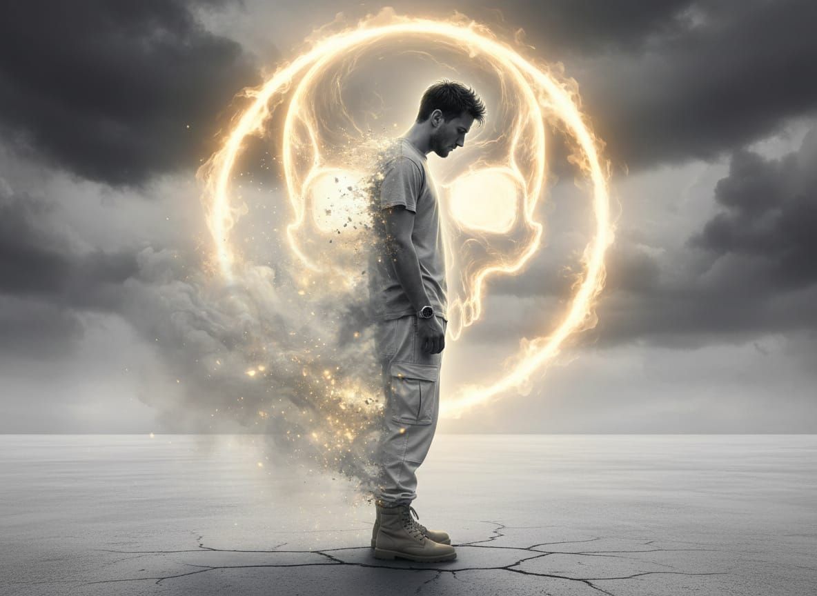 Man Disintegrating Under Glowing Skull Halo