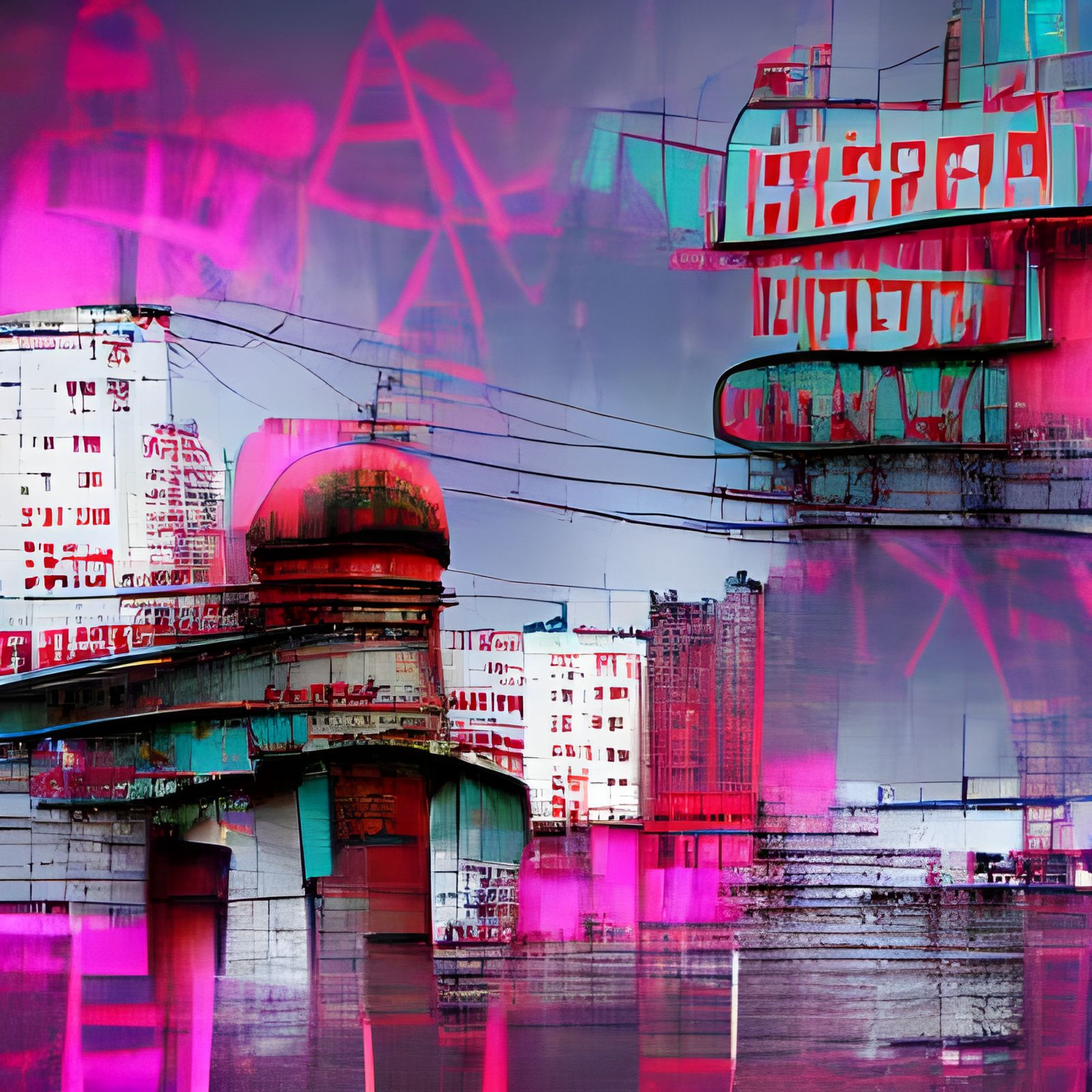 Neon Soviet Cityscape with Grunge Aesthetic