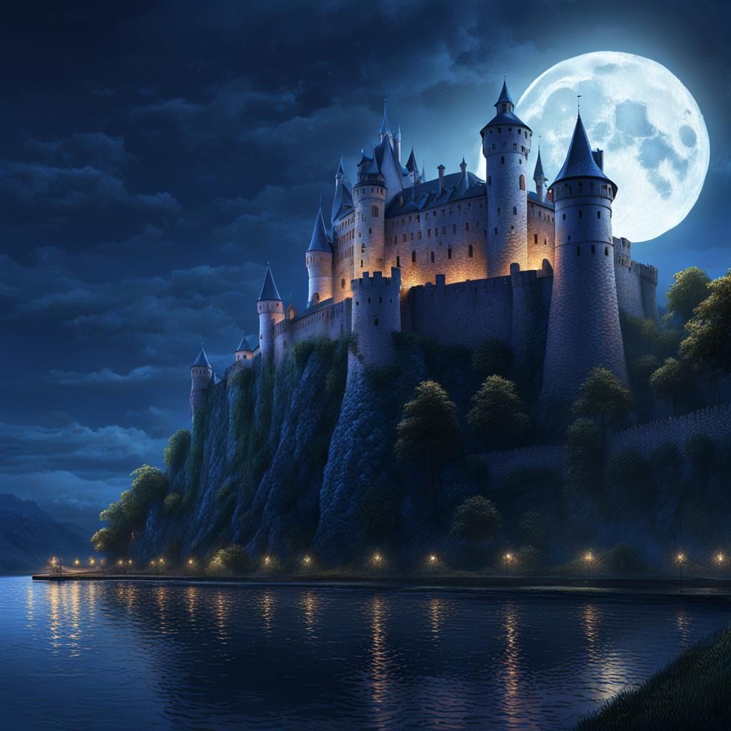 Hyperrealistic Castle on Rhine in Moonlight