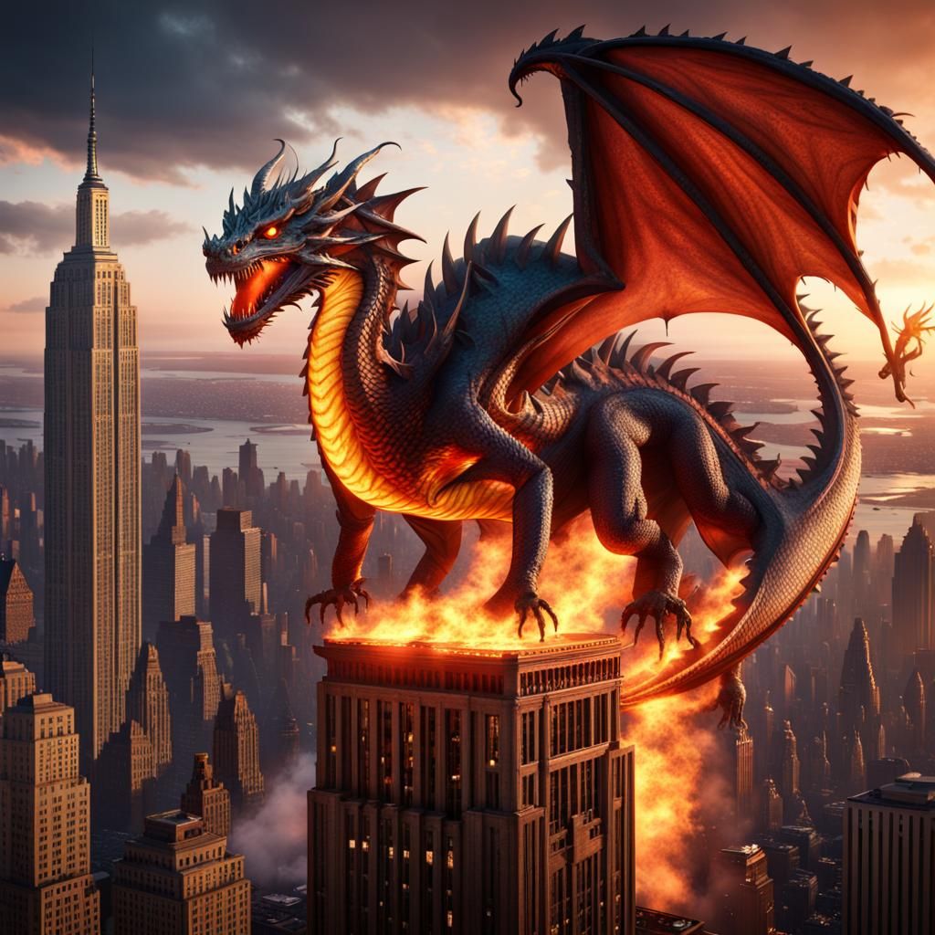 Illuminated Fire-Breathing Dragon on Empire State Building
